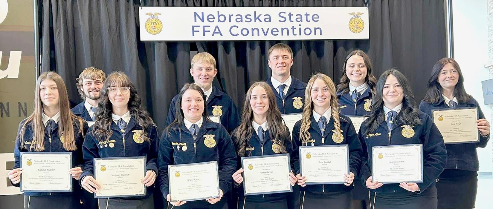 Ainsworth FFA Members receiving their Nebraska State FFA Degree during the 96th State FFA Convention were (Front Row - Left to Right): Kadence Fletcher, Makenzy Cheatum, Gracie Kinney, Terrin Barthel, Tessa Barthel and Jakelynn Minor; (Back Row - Left to Right): Riggin Blumenstock, Airyan Goochey, Trey Appelt, Karli Kral and Lura Hodge.