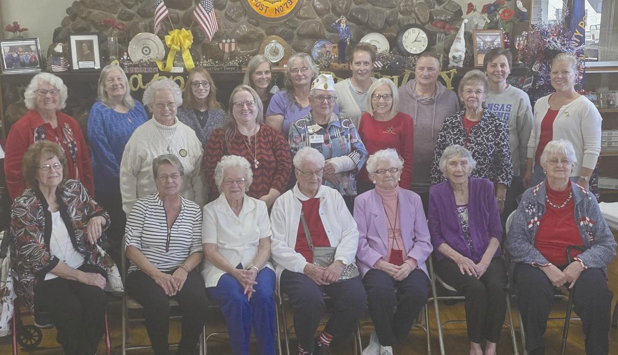 American Legion Auxiliary Unit #79 members attending the birthday celebration were: front row (left - right): Audrey Wilson, Penny Dodds, Betty Mae Lucht, Elsie Coble, Connie McNally, Lois Broekemeier, and Alice Mitchell. Second row: Bonnie Finley, Mary Krause, Judy Walters, Mary Halvorson, and Sheila Bejot. Back row: Shari Luther, Janet Schuyler, Cheri Coutts, Kay Anderson, Brenda Goeken, Ashley Titus, Marylou Hughes, Nichole Flynn, and Katie Rau.