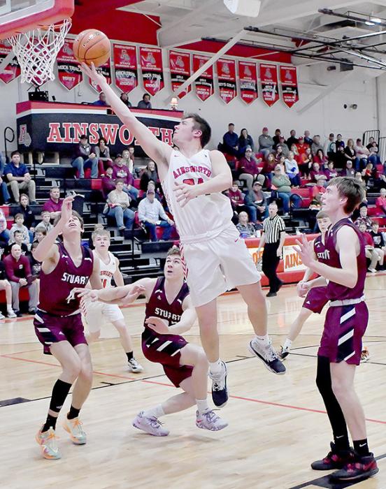 Trey Appelt stretches for two points against the Stuart Broncos. The Bulldogs downed the Broncos 52-42.