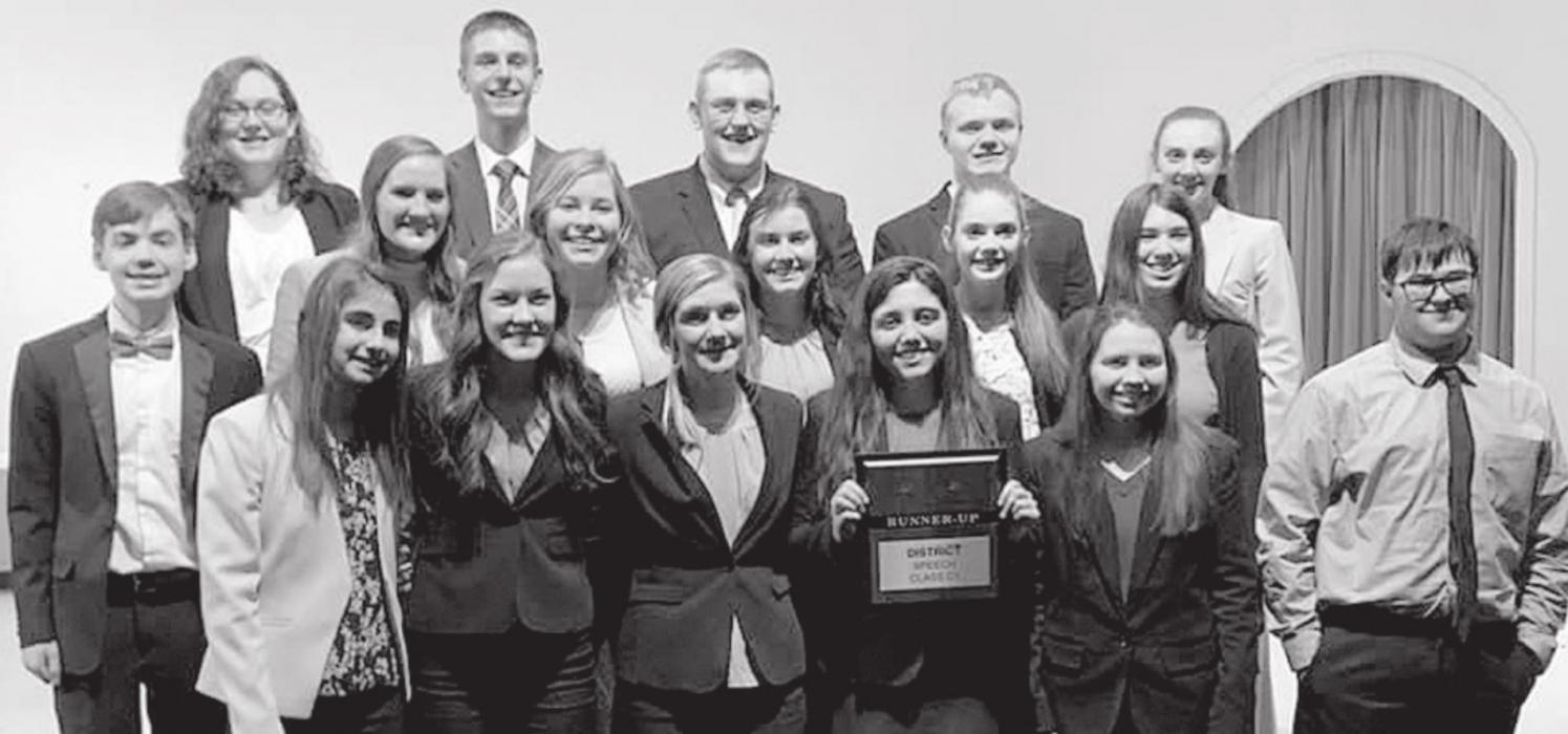 Ainsworth Speech Team received the District Runner-Up Trophy during the March 6th competition. Members competing were: (Front Row - Left to Right) Maia Flynn, Eden Raymond, Maren Arens, Josie Ganser, Ellie Welke, Cody Scott; (Middle Row - Left to Right) Brandt Murphy, Libby Wilkins, Alyssa Erthum, Dakota Stutzman, Taylor Allen and Katherine Kerrigan; (Back Row - Left to Right) Allison Taylor, Ben Flynn, Cody Kronhofman, Logan Hafer, Cameryn Goochey.