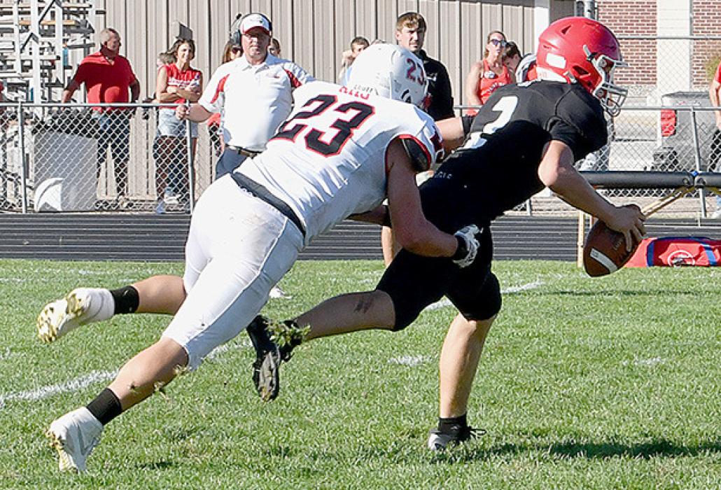 Cole Swanson gets the St. Mary’s Quarterback Gage Hedstrom. Ainsworth defense kept up the pressure on Hedstrom and helped shut down his running ability in the second half