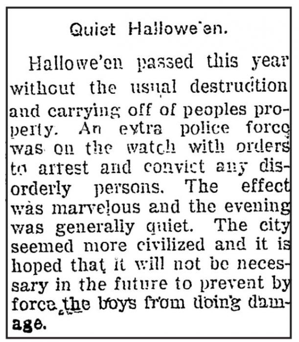 Apparently unlawful activities on Hallowe’en were commonplace in the city of Ainsworth by 1915, as evidenced in this November 5th Ainsworth Star-Journal news update.