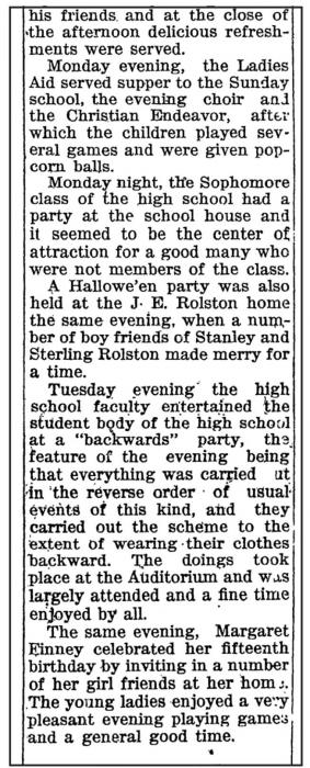 On November 3, 1921, the Ainsworth Star-Journal shared the above recount of community Hallowe’en festivities.