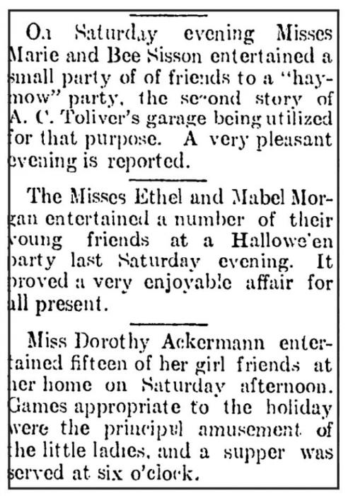 The above article titled “Hallowe’en Parties” was published in the Brown County Democrat on November 5, 1909.