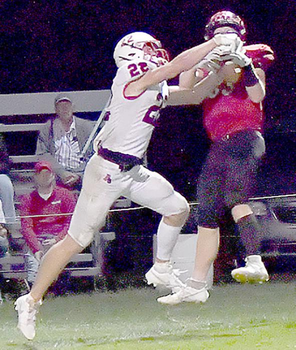 Carter Nelson and Dylon Lueking went up for the ball and Nelson ripped it out of Lueking’s hands at Ainsworth’s 5-yard line and proceeded to run it back 75 yards for his fourth touchdown of the night against Elgin/Pope John.