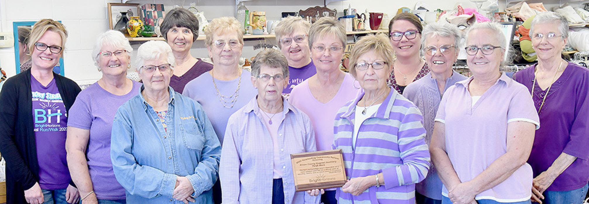 Representing the Brown County Hospital Auxiliary Thirty Store and Bright Horizons were (Back Row - Left to Right): Lindsey Dodd, Marilyn Anderson, Misty Rowley of Bright Horizons; (Middle Row - Left to Right): Kendra Barry of Bright Horizons, Shari Luther, Bev Smith, Pam Carroll, Nancy Falk, Dee Schendt; (Front Row - Left to Right): Stella Graham, Marlene Quinn, Judy Walton and Lila DeRaad.