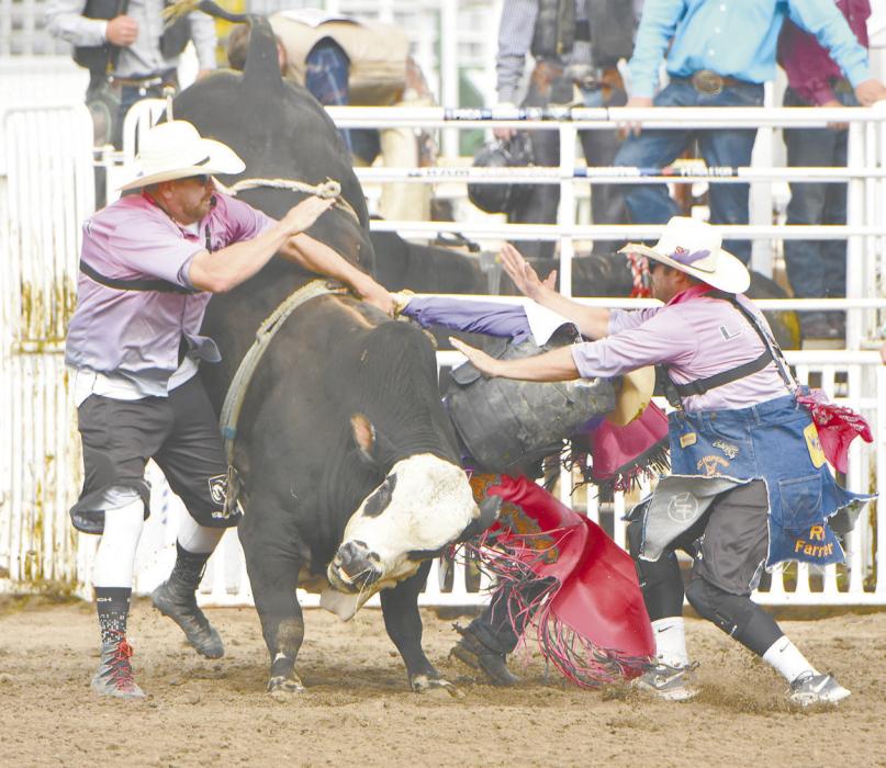 Photo Courtesy of Steve Mosely Bullfighters work to save Brady Painter of Ainsworth. Painter’s ride scored a 76 during the Friday session.