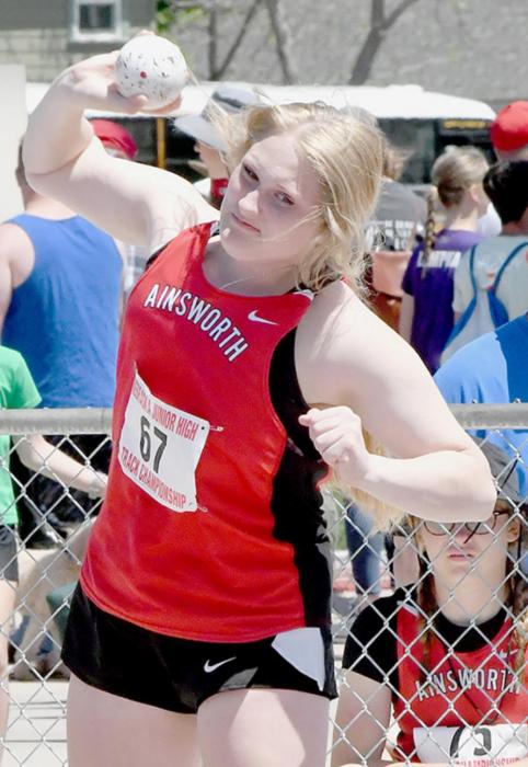 Addah Booth of Ainsworth Middle School competed in the Girls Shot Put at the 2022 Nebraska Championship Meet