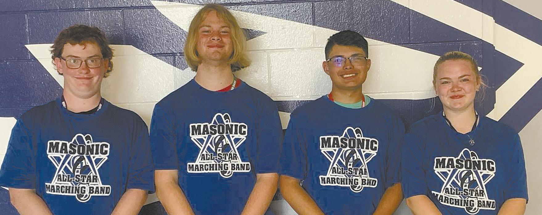 Ainsworth students who played in the Masonic All Star Marching Band were (left - right): William Biltoft, Erick Hitchcock, Colby Beegle, and Madison Phares.