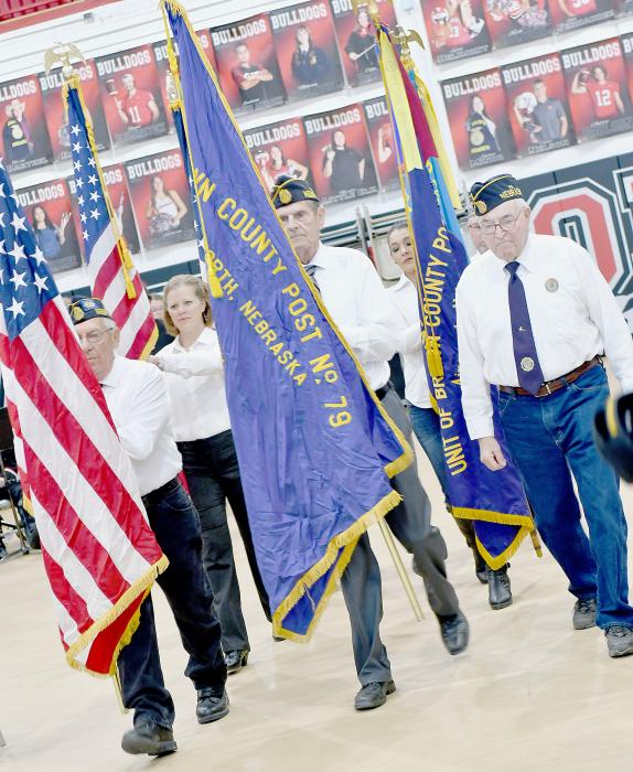 Posting of the colors during the Veterans Day Program was done by members of the Ainsworth American Legion, Ainsworth American Legion Auxiliary and Sons of American Legion. The Ainsworth High School band played the “Star Spangled Banner” and “God Bless the U.S.A.”. Performing “Taps” were Erin Rathe, Colby Beegle, Abbi Paulson, Miranda Phares and David Cook.