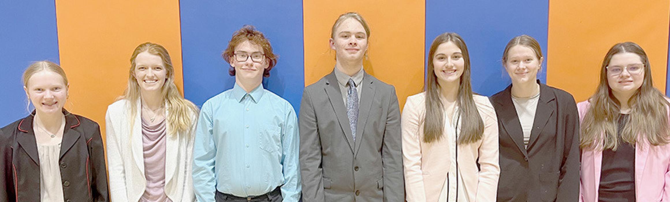 The Ainsworth Speech Team competed in the Gordon-Rushville Invitational. Team members competing were (Left to Right) Kiley Orton, Terra Shoemaker, William Biltoft, Erick Hitchcock, Willa Flynn, Puridy Haley and Hannah Beel.