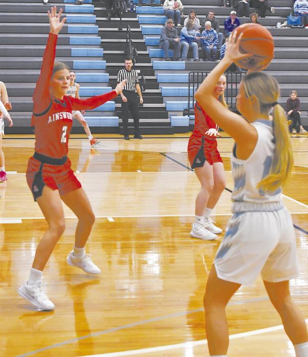 Jocelyn Good protects against a three-point shot during the Holiday Tournament in Summerland on December 27th and 28th.