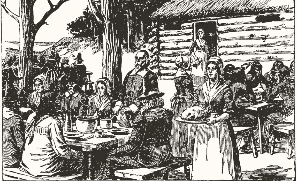 Above: a 19th-century artist’s depiction of “The First Thanksgiving in New England,” printed in the November 24, 1898 edition of the Ainsworth Star-Journal.