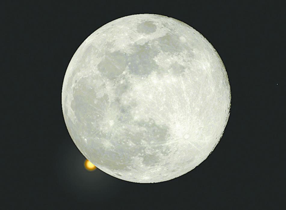 A simulated view of the Moon as Mars begins its occultation on January 13, 2025. Credit: Stellarium