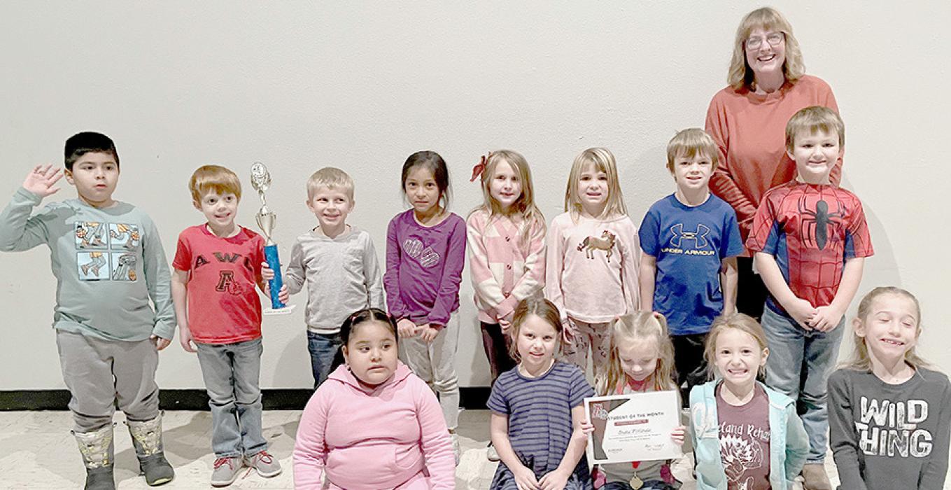 Class of the Month for November - Mrs. Pollock’ Kindergarten Class. Class members: (Back Row - Left to Right): Leonardo Acosta, Tilden Wright, Ridge McCall, Keidy Herberth Perez, Graecyn Bartak, Chevelle Barta, Aiden Rentschler, Rowdy Zeigler and Mrs. Pollock; (Front Row - Left to Right): Maria Perez Lupercio, Alora France, Bristol McCarville, Allie Dinklage and Marceline Vassar.