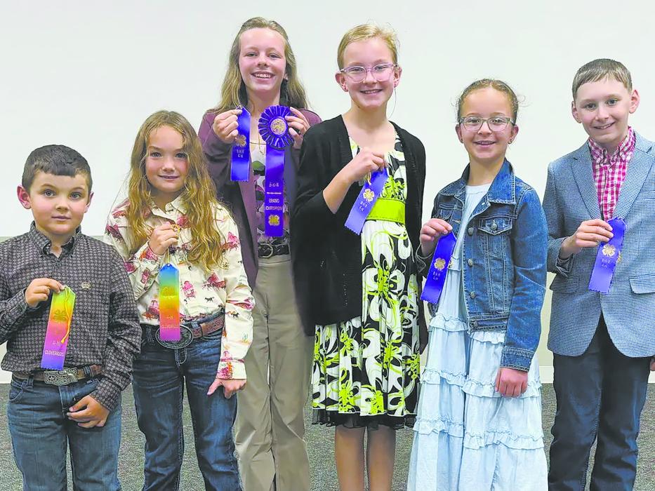 The Brown-Keya Paha-Rock 4-H Club held their speech contest on April 30 at The Connection in Ainsworth. Contest winners were (left to right): Eli Lehn (Cloverkid), Jaiden Lehn (Cloverkid), Elise Dvorak (Purple - Grand Champion), Parker Moravec (Purple), Collins Moravec (Purple), and Eli Beel (Purple). Eliesha Moravec (not pictured) was Reserve Champion.
