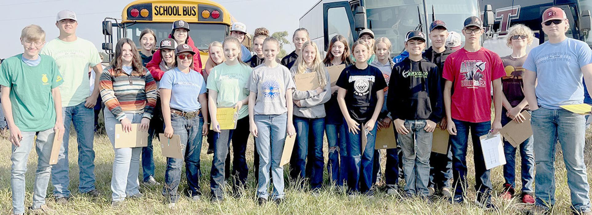 FFA Students attended several range judging contests this fall. Pictured are: (left to right) Levi Goshorn, Trey Apelt, Jakelynn Minor, Lauren Ortner, Gracie Kinney, Braxton Fletcher, Kadence Fletcher, Gracie Petty, Addah Booth, Tatum Nickless, Makenna Pierce, Zaily Daniels, Preselyn Goochey, Megan Jones, Payton Moody, Christina Fernau, Kaitlyn Sease Rowan LeMunyan, Kaden Evans, Mason Painter, Aiden Jackman, Jace Johnson and Colten Orton.