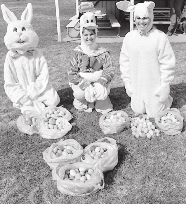 Two Easter Bunnies and a Duck showed up at the Ainsworth Easter Egg Hunt on April 3rd. Helping to hide the sixty dozen eggs were Payton Moody, Willa Flynn and Alyssa Erthum. This year along with the American Legion Auxiliary and Jr. Legion Auxiliary, residents at the Sandhills Care Center helped put treats in the eggs.