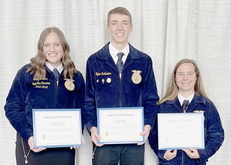 (Right) Ainsworth FFA American Degree Recipients were (Left to Right): Libby Wilkins, Ty Schlueter and Katrina Beel.