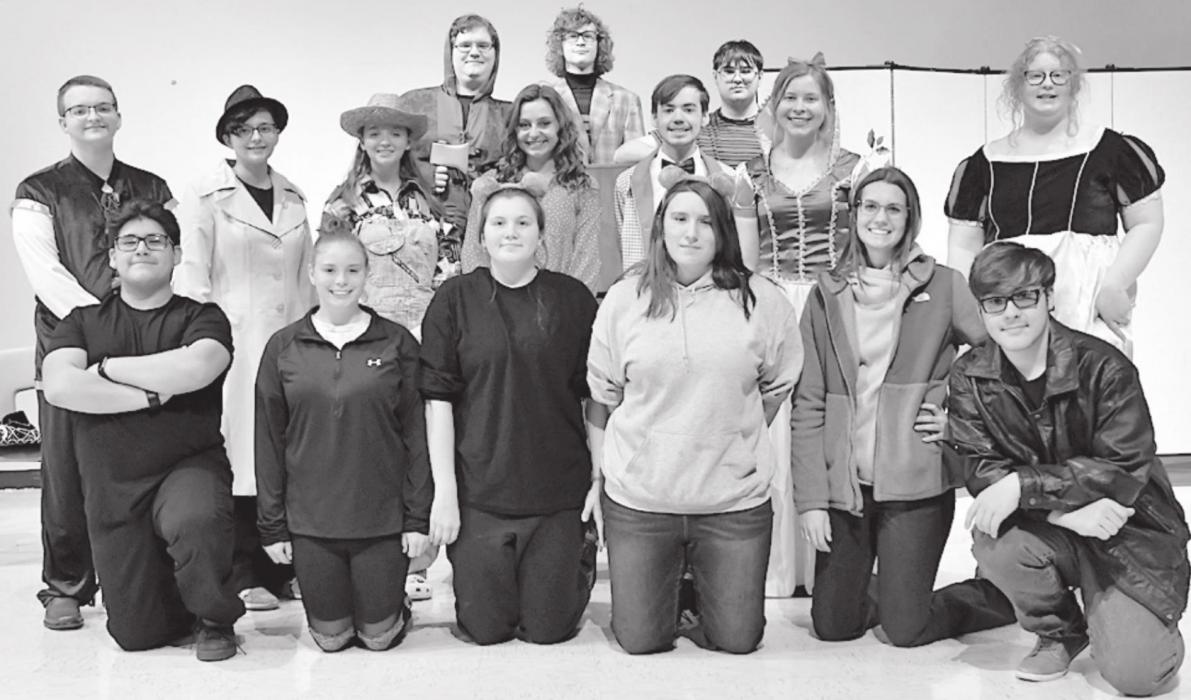 The Ainsworth High School All-School Play, “The Snow White Variety Show,” will be held on Saturday, April 24th at 7:00 p.m. On Thursday evening, April 15th, part of the cast was busy working on their lines and preparing for the play. (Some members of the cast were delayed at a track meet and weren’t available to be pictured.)