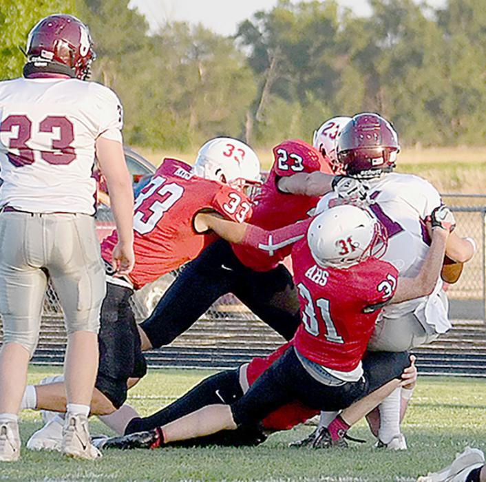 Ainsworth’s swarming defense caused all sorts of problems for Neligh/Oakdales offense. Aiden Jackman, Sam Titus, Cole Swanson and Witten Painter converged on the Warriors’ quarterback Cooper Arehart for a loss.