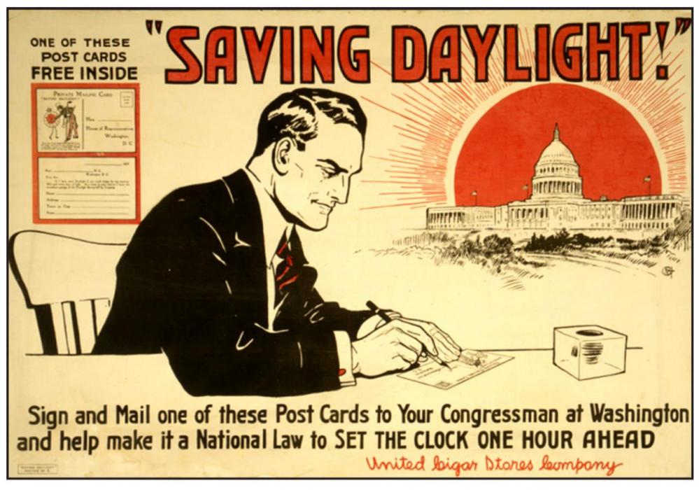 After World War I broke out, citizens and the government recognized the need to conserve coal used for heating homes, and several efforts were launched to enlist public support for changing the clocks. Voters were to send postcards to their congressman that made declarations like, “If I have more daylight, I can work longer for my country.”