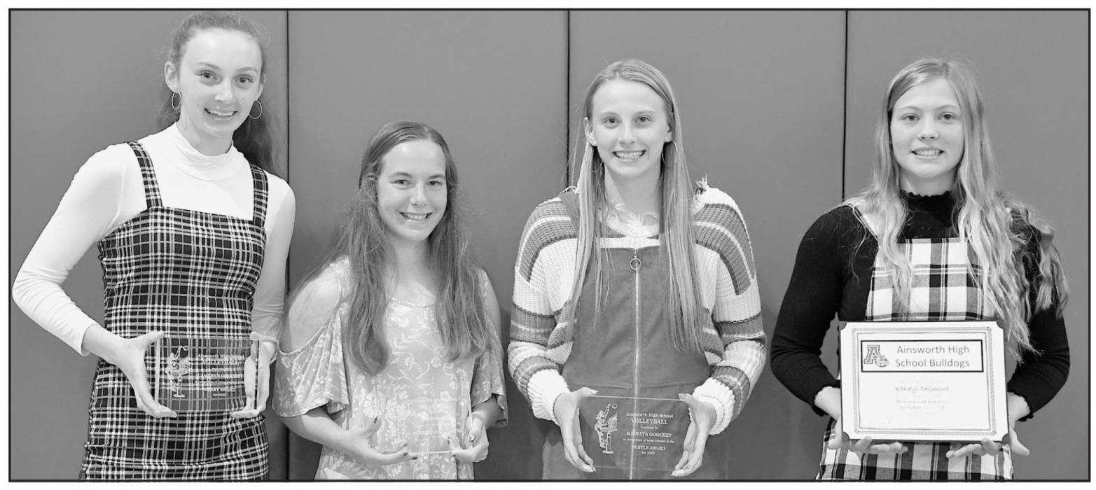 Volleyball award winners were (Left to Right): Cameryn Goochey – Heart Award, Katrina Beel – MVP, Madelyn Goochey – Hustle Award, and Kendyl Delimont – Most Improved.