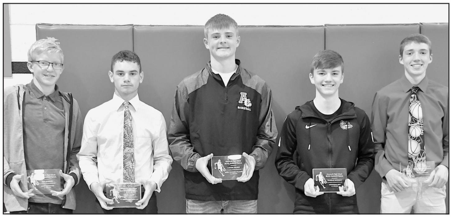 Boys Basketball award winners were (Left to Right): Ben Barrow – Most Improved, Caleb Allen – Defensive MVP, Carter Nelson – MVP, Traegan McNally – Offensive MVP, and Ty Schlueter – Bryent Wilkins Most Valuable Teammate Award.