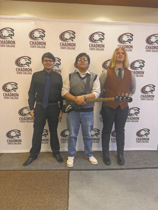 Three students from ACS attended the High Plains Honor Band and Guitar Ensemble on Feb. 2-3 at Chadron State College, Colby Beegle (left) and Erick Hitchcock (right) were selected out of hundreds of applicants for the honor band. Saul Fernandez (center) attended the select Guitar Ensemble and was chosen to perform in the top group. Students were chosen from 21 schools from around the Panhandle, South Dakota, and Wyoming.