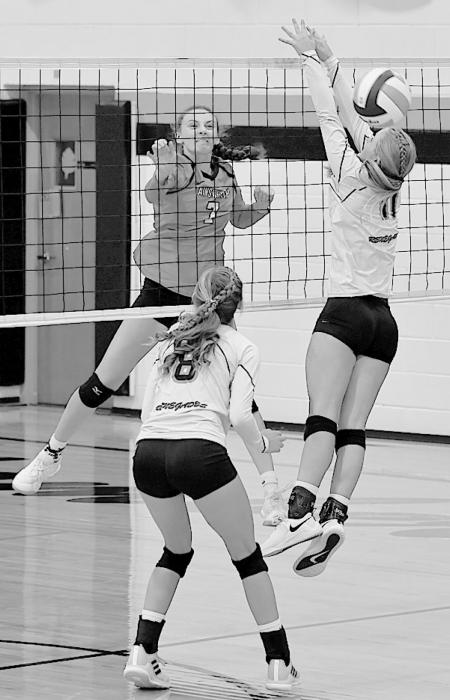 Left, Cameryn Goochey hits past a Chambers-Wheeler Central defender for one of four kills during the game.