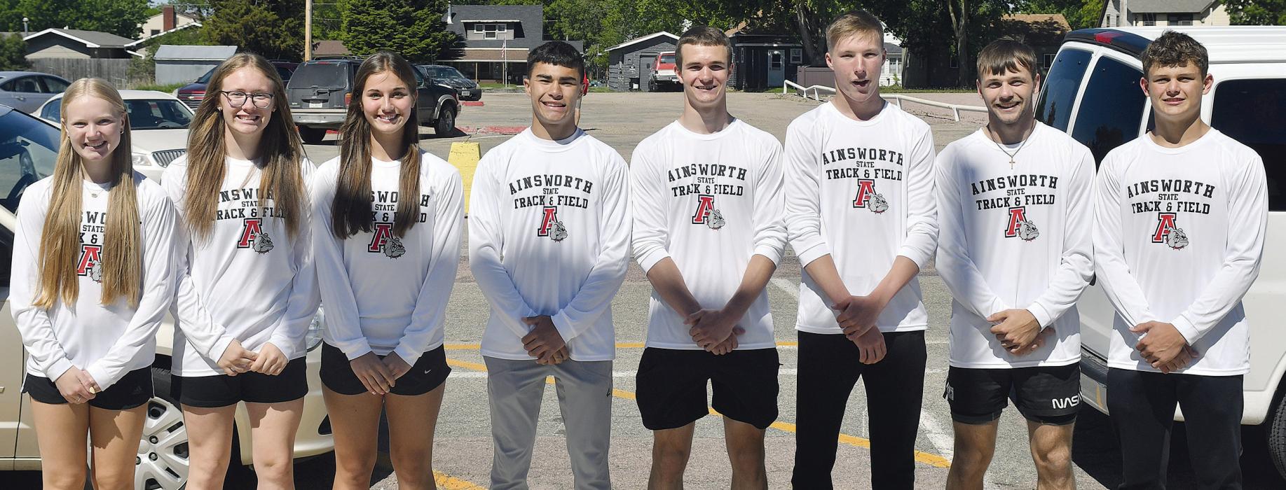 Ainsworth High School sent eight athletes to the state track and field meet on May 22 and 23. These athletes were (left to right): Kiley Orton, Gracyn Painter, Willa Flynn, Christopher Fernandez, Logan Schroedl (4x400 Alternate), Jacob Ortner, Owen Blumenstock, and Zaine Evans.