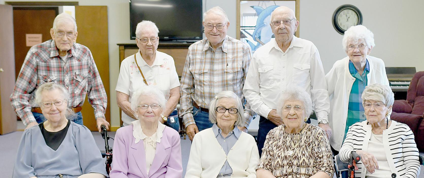 Ainsworth Senior Center hosted its annual 90 plus Birthday Party on June 5, 2024. These 10 seniors represented a total of 934 years of life. Enjoying their meal at the center were (Front Row - Left to Right): Ethel North - 92, Connie McNally - 96, Ruthie Salzman - 94, Doris Leach - 97 and Katie Anderson - 96; (Back Row - Left to Right): Darrel Steele Sr. - 95, Elsie Coble - 94, Charlie Kyser - 90, John Appleman - 90 and Elva Buoy - 90.