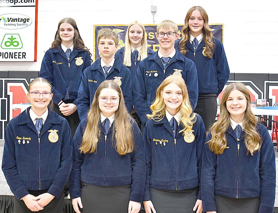 FFA officers for the 2024-2025 year are (Front Row - Left to Right) Emma Kennedy - President, Hannah Beel - Vice President, Brianna Starkey - Secretary, Miah Ortner - Reporter; (Middle Row - Left to Right) Holden Beel - Historian, Aiden Jackman Sentinal; (Back Row - Left to Right) Londyn Dunbar - Jr. Advisor, Preselyn Goochey Parliamentarian and Megan Jones - Treasurer.