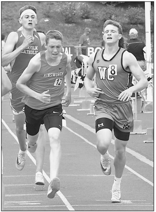 Ty Schlueter edged out Tommy Lokken of Wilber-Clatonia for third place in the 3200 Meter Run at the state track meet with a time of 10:15.78.