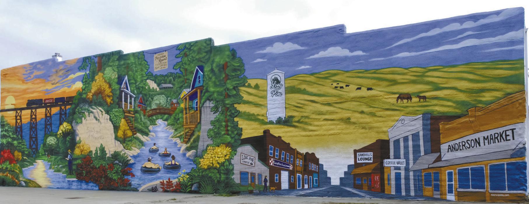 Visitors to Long Pine will now be greeted by a mural painted on the south side of The Palace.