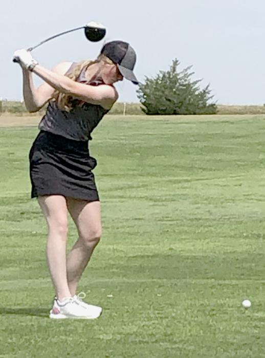 Kenley Welke tees it up on #5 hole at the Ainsworth Golf Course. Welke shot a 61 for the Ainsworth JV Team.